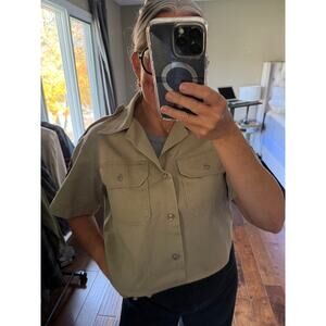 Vintage army short sleeve shirt w/ patches, boxy, cropped, khaki, Size M